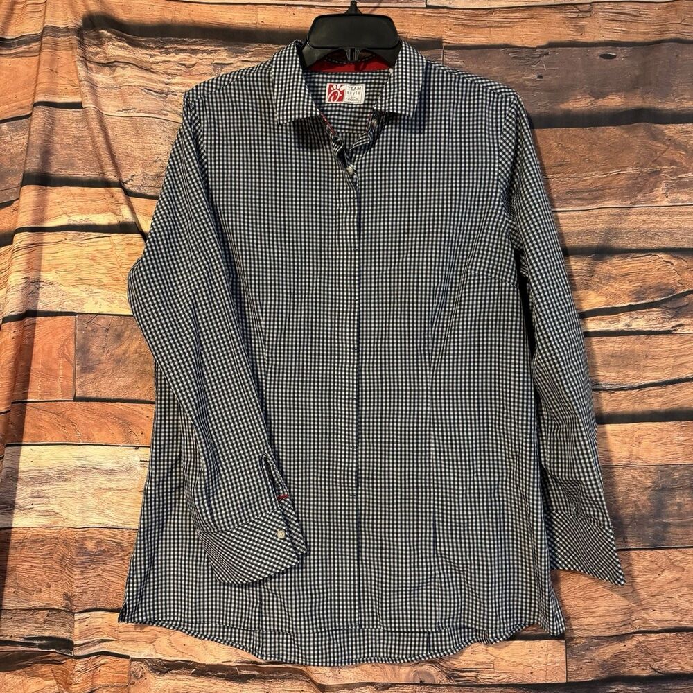 Chick-fil-A Blue White Plaid Oobe Team Style Work Shirt Uniform Top Womens Large